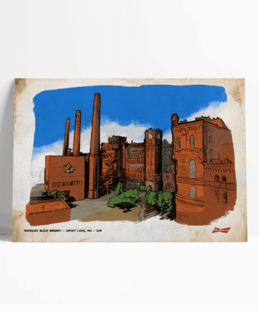 Poster com ilustração da fabrica de cerveja Anheuser Busch e a frase anheuser busch brewery - Saint Louis, Missouri, Estados Unidos.