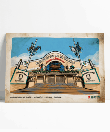 Ilustração em pôster da Spatenbräu Oktoberfest a frase Ochsenbraterei - Spatenbräu Oktoberfest - Munique - Alemanha.